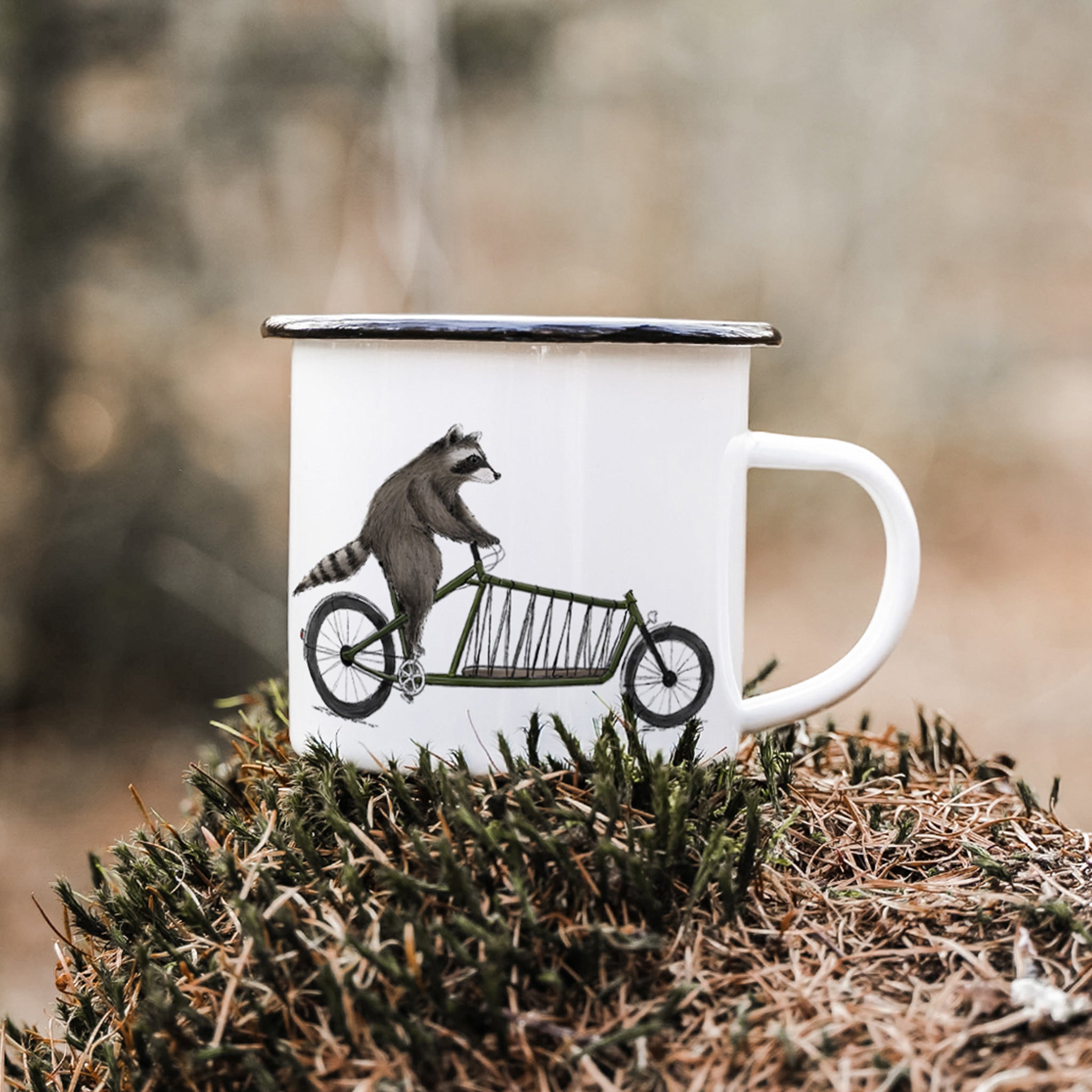 EMAILLE Tasse | Waschbär Rico | Lastenrad