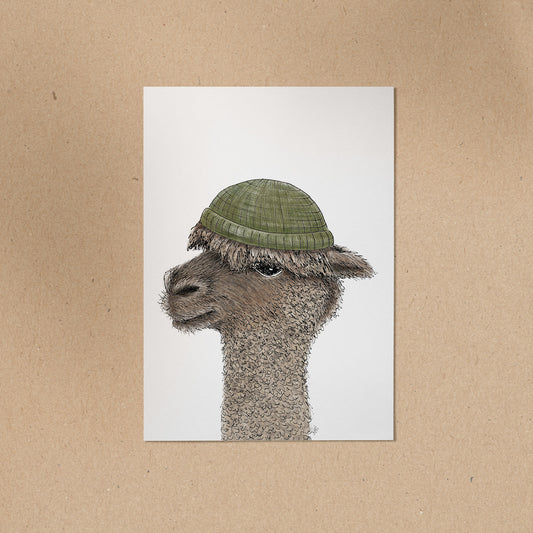 POSTKARTE | Alpaka Ingo - Beanie grün
